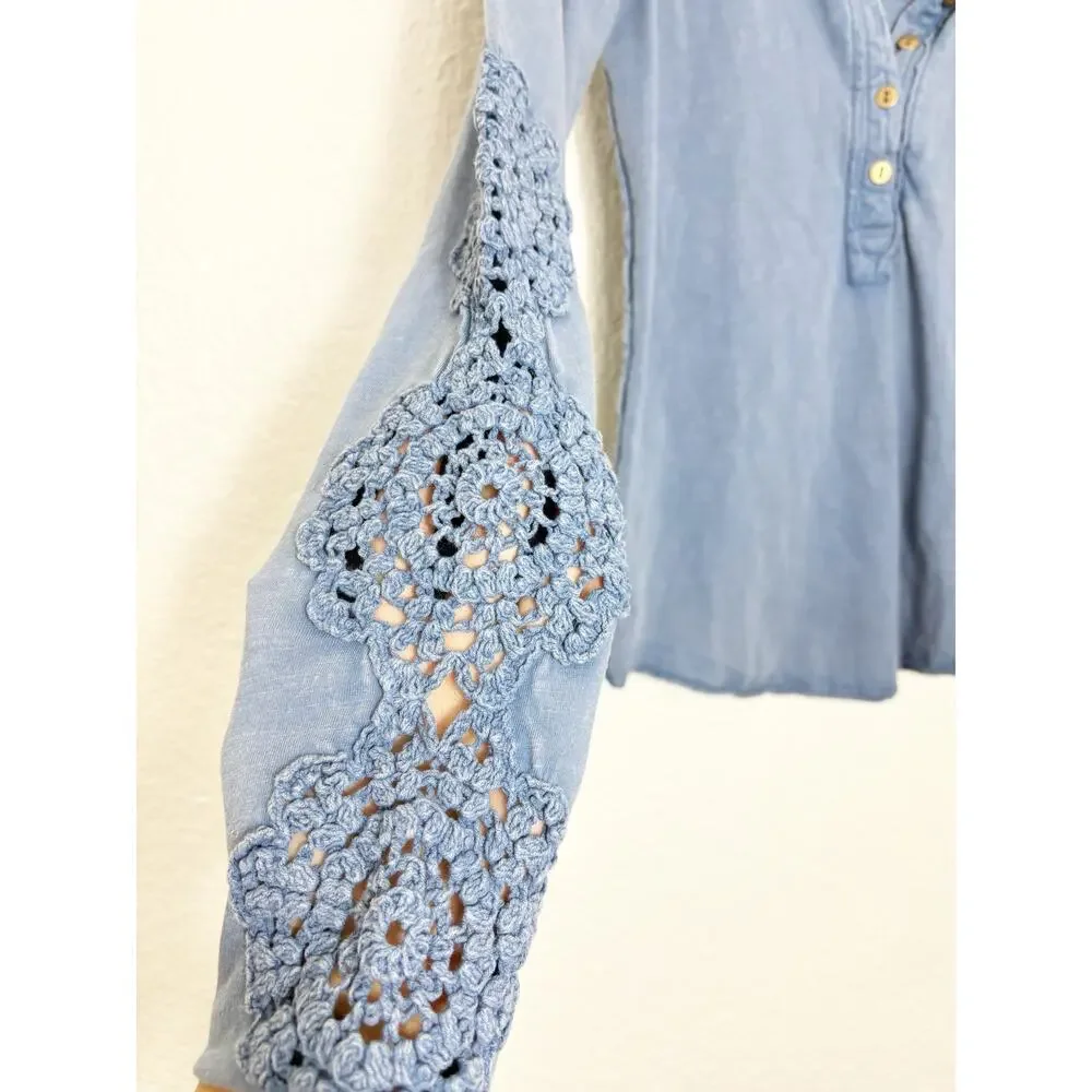 Free People Our Song Henley Cuff Long-Sleeve Shirt Size Medium Blue Crochet